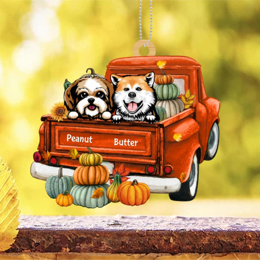 Fall Season Dogs Truck Pumpkin Personalized Wooden Ornament